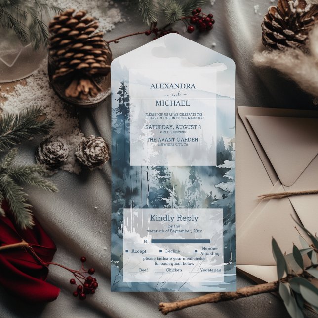 Invitación Todo En Uno Boda De Árbol De Pino De Acuarela Rústica (Subido por el creador)