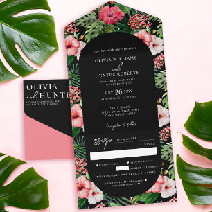 Invitación Todo En Uno Boda de Arco de Hibiscus Tropical Negro