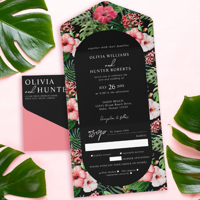 Invitación Todo En Uno Boda de Arco de Hibiscus Tropical Negro (Subido por el creador)