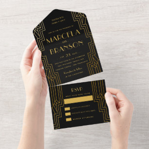 Invitación Todo En Uno Boda de Art Deco Negro y Oro