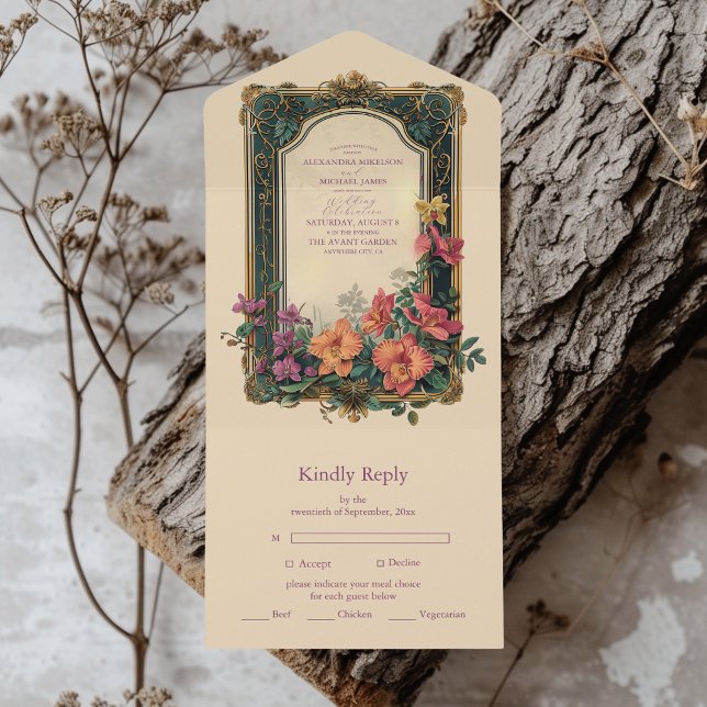 Invitación Todo En Uno Boda de Art Nouveau de Bliss Wildflowers Botánico (Subido por el creador)