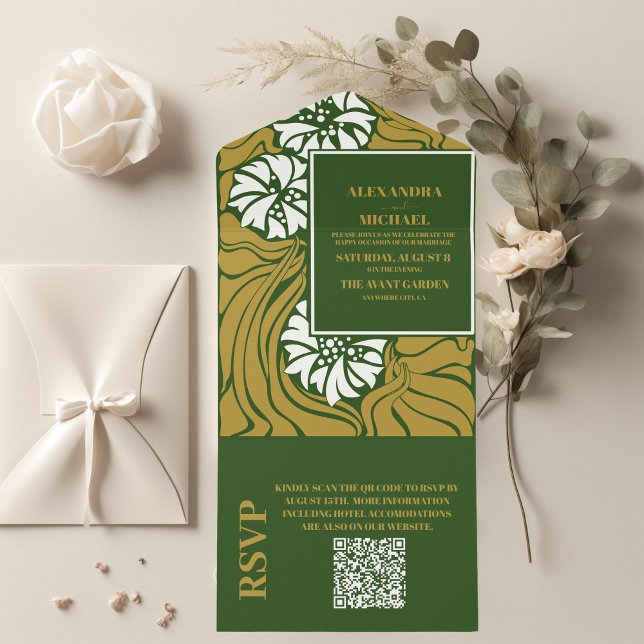 Invitación Todo En Uno Boda de Art Nouveau verde clásico del código QR (Subido por el creador)
