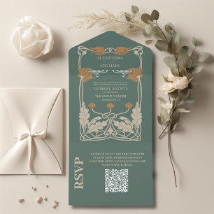 Invitación Todo En Uno Boda de Art Nouveau verde del código QR