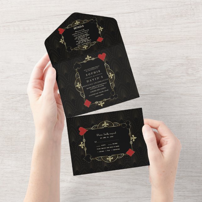 Invitación Todo En Uno Boda de arte negro de Casino Vegas Poker (desgarro)