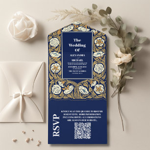Invitación Todo En Uno Boda de Arte Nouveau Clásico Azul Código QR