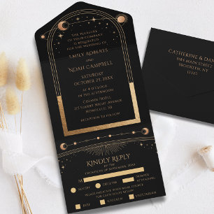 Invitación Todo En Uno Boda de Astronomía Celestial Black Gold Sun Moon