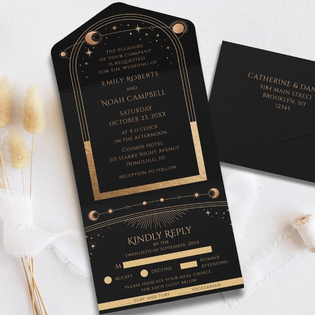 Invitación Todo En Uno Boda de Astronomía Mystical Black Gold Sun Moon (Subido por el creador)