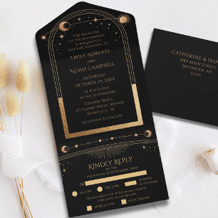 Invitación Todo En Uno Boda de Astronomía Mystical Black Gold Sun Moon