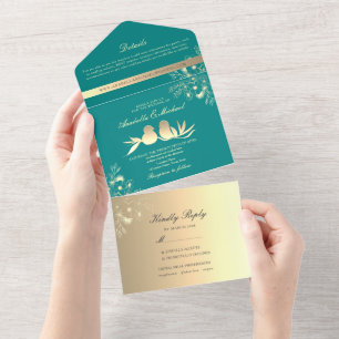 Invitación Todo En Uno Boda de Aves de Amor verde azuladas