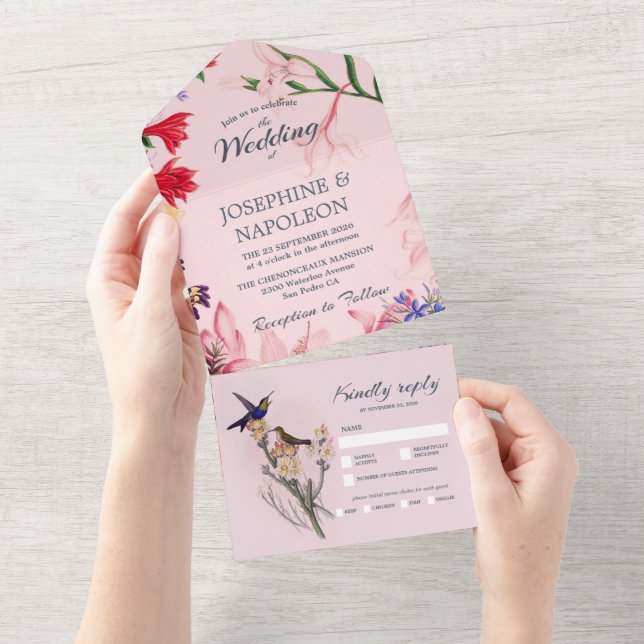 Invitación Todo En Uno Boda de aves y boho rosa claro deco floral (desgarro)