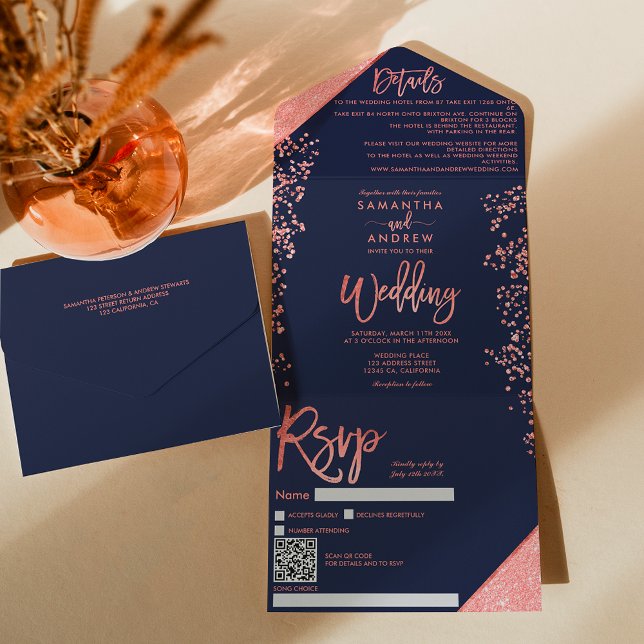 Invitación Todo En Uno Boda de azul marino con confeti de brillo de coral (Coral glitter confetti navy blue wedding all in one invitation)
