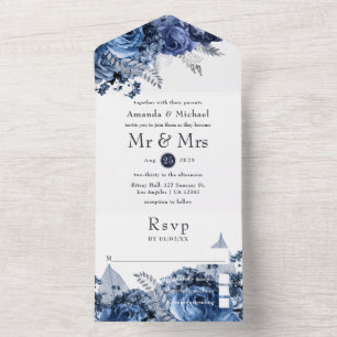 Invitación Todo En Uno Boda de Azul Marino y Blanco con Hojalata Falsa de