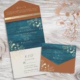 Invitación Todo En Uno Boda de Azul Verdoso y Terracota