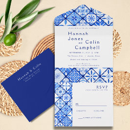 Invitación Todo En Uno Boda de azulejos azules mediterráneos modernos