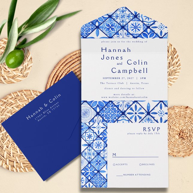 Invitación Todo En Uno Boda de azulejos azules mediterráneos modernos (Subido por el creador)