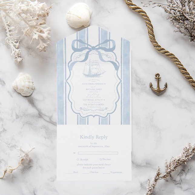Invitación Todo En Uno Boda de barcos con franjas blancas de la marina (Subido por el creador)