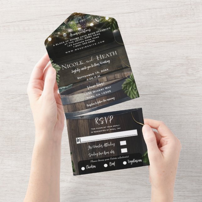 Invitación Todo En Uno Boda de barril de vino de campo rústico (desgarro)