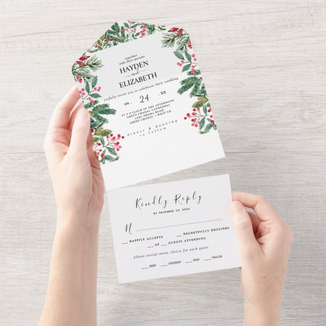 Invitación Todo En Uno Boda de bayas de invierno con piñas y vegetación (desgarro)