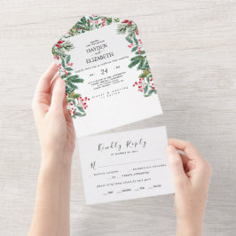 Invitación Todo En Uno Boda de bayas de invierno con piñas y vegetación