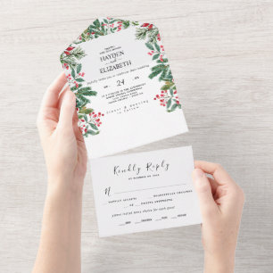 Invitación Todo En Uno Boda de bayas de invierno con piñas y vegetación