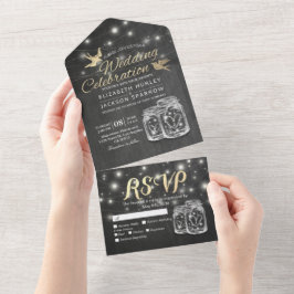 Invitación Todo En Uno Boda de Black Gold Couple Mason Jars String Lights