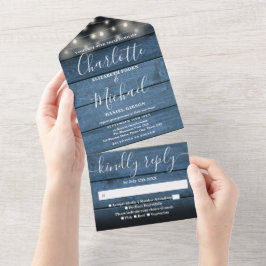 Invitación Todo En Uno Boda de Blue Rustic Barn Wood String Lights