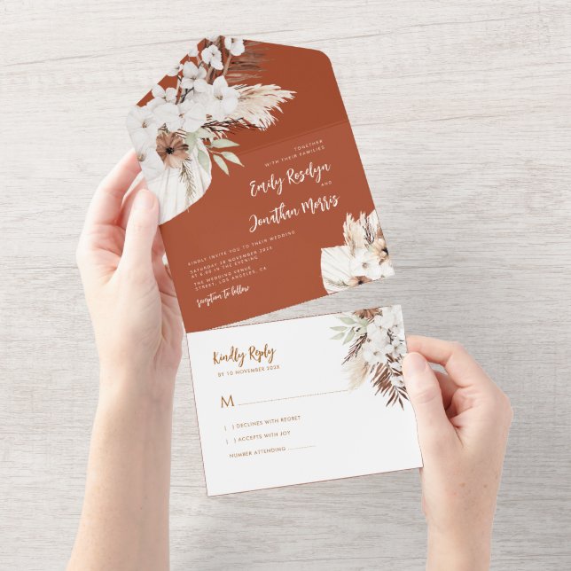 Invitación Todo En Uno boda de boho pampas terracotta (desgarro)