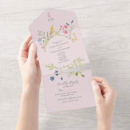 Invitación Todo En Uno Boda de Boho Rústico de Flor Salvaje Rosa