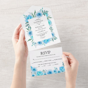 Invitación Todo En Uno Boda de borde floral de color azul acuático