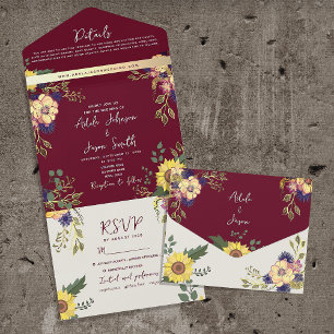 Invitación Todo En Uno Boda de Borgoña de Girasol Caída