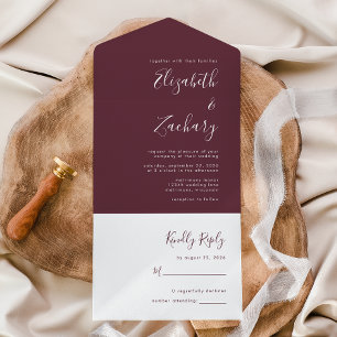 Invitación Todo En Uno Boda de Borgoña mínimo en escritura moderna