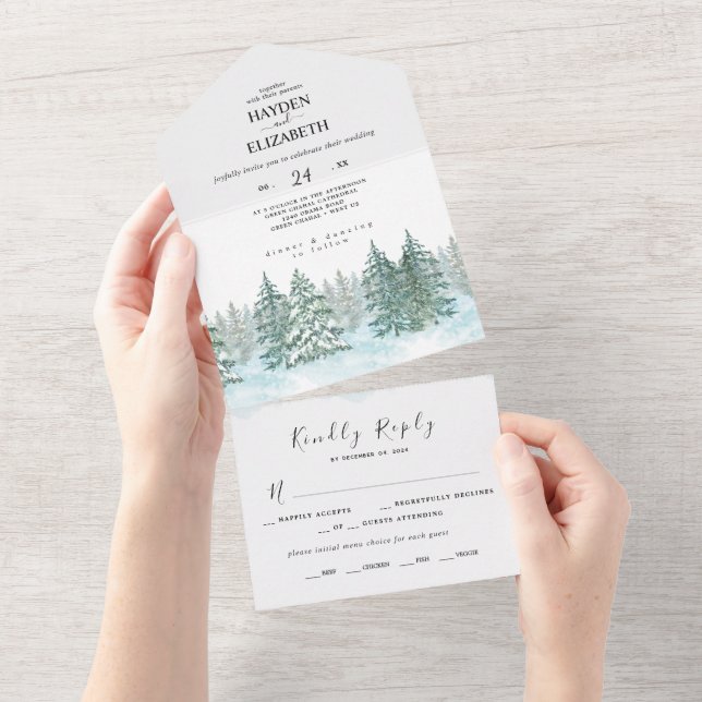 Invitación Todo En Uno Boda de bosque de pino acuarela (desgarro)