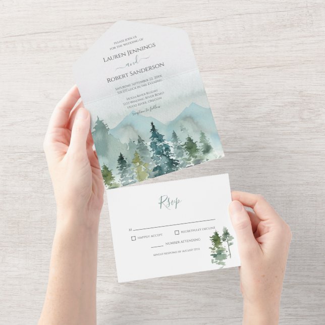 Invitación Todo En Uno Boda de Bosques de Montaña Rústica (desgarro)