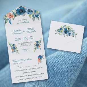 Invitación Todo En Uno Boda de Bouquet Floral de Blue Coral Peach