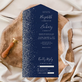 Invitación Todo En Uno Boda de Brillo de Plata Azul Marino Moderno