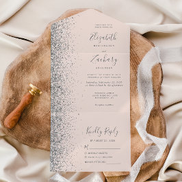 Invitación Todo En Uno Boda de Brillo de Plata Rosa Moderno