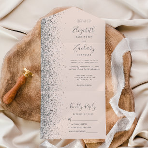 Invitación Todo En Uno Boda de Brillo de Plata Rosa Moderno