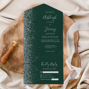 Invitación Todo En Uno Boda de Brillo de Plata Verde Esmeralda Moderno