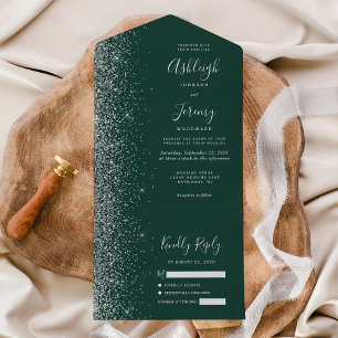 Invitación Todo En Uno Boda de Brillo de Plata Verde Esmeralda Moderno