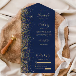 Invitación Todo En Uno Boda de brillo dorado azul marino moderno