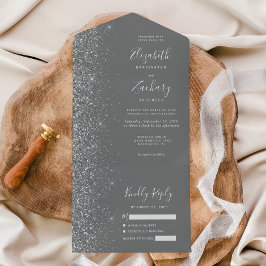Invitación Todo En Uno Boda de brillo gris plateado moderno