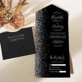 Invitación Todo En Uno Boda de Brillo Plateado Negro Moderno