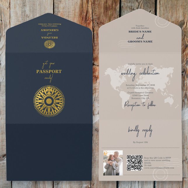 Invitación Todo En Uno Boda de brújula de Passport de boda de destino (Destination Wedding Passport Compass Wedding All In One Invitation)