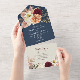 Invitación Todo En Uno Boda de Burgundy y Azul Marino