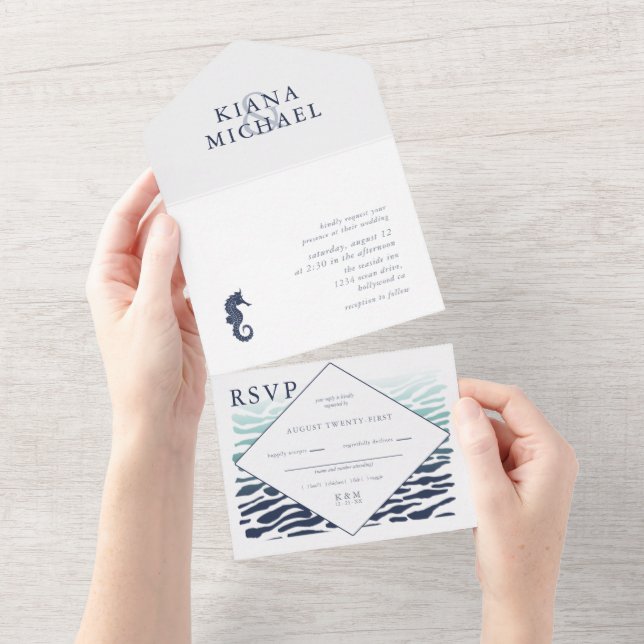 Invitación Todo En Uno Boda de caballito de mar de onda azul ID836 (desgarro)