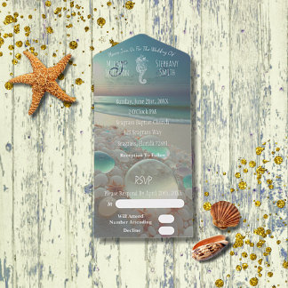 Invitación Todo En Uno Boda de Caballito de Mar de Vidrio Marino