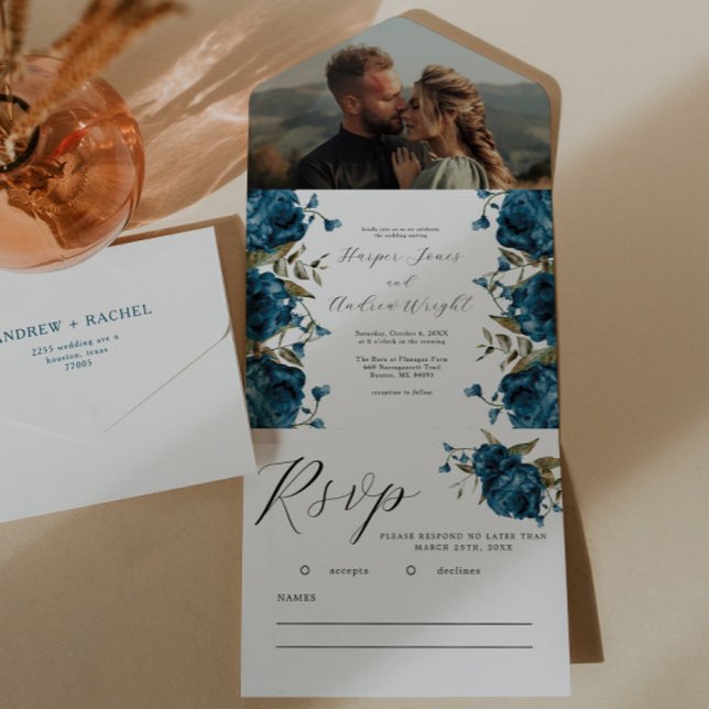 Invitación Todo En Uno Boda de Caída Floral Azul de la Marina (Subido por el creador)