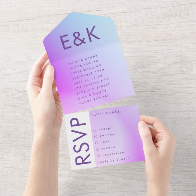 Invitación Todo En Uno Boda de caída púrpura de gradiente ultramoderno (desgarro)