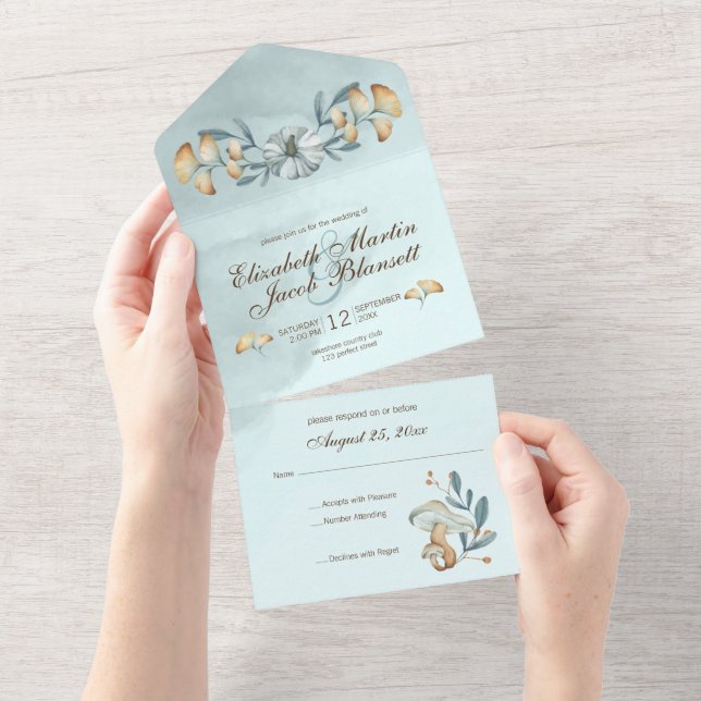 Invitación Todo En Uno Boda de Calabaza Azul y Ginkgo de Otoño (desgarro)