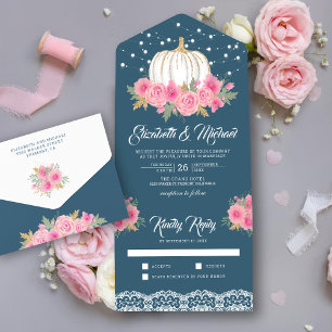 Invitación Todo En Uno Boda de calabaza floral blanca rosa azul polvorien